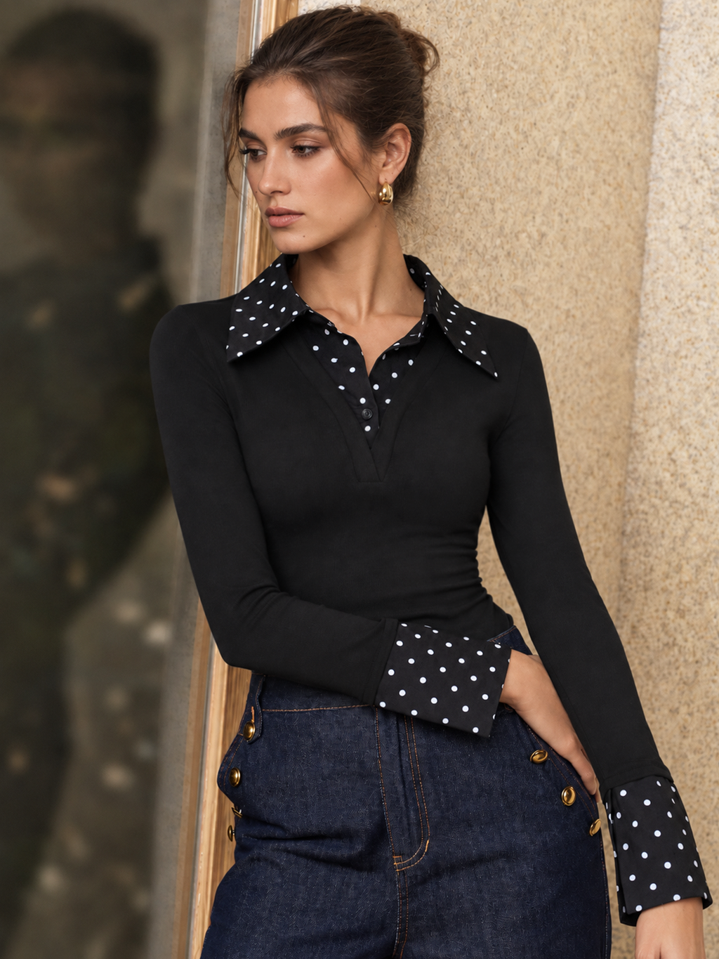 Chic Polka Dot Layered Look Fitted Top