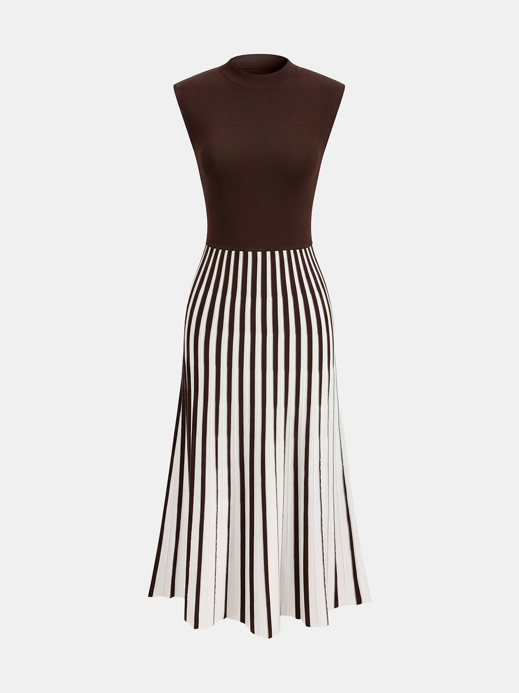 Striped Midi Dress with Sleeveless Mock Neck Design