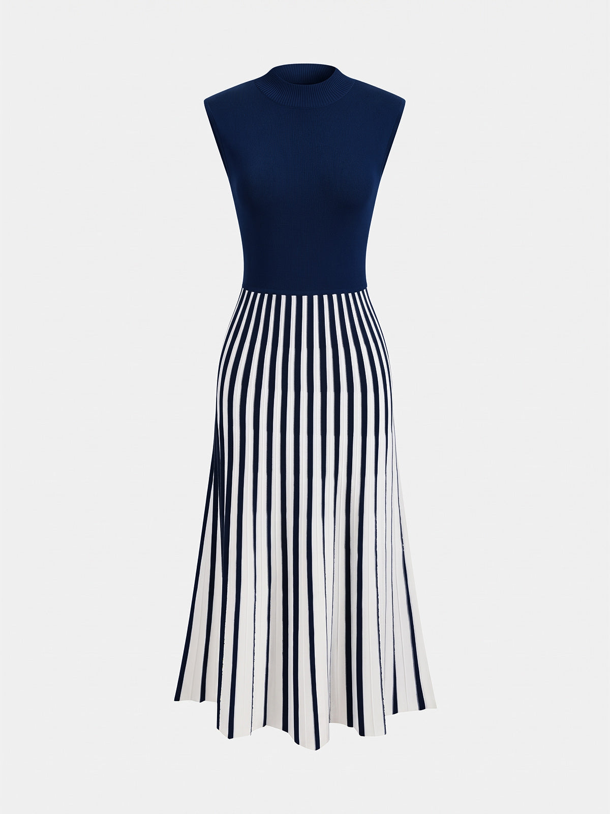 Striped Midi Dress with Sleeveless Mock Neck Design