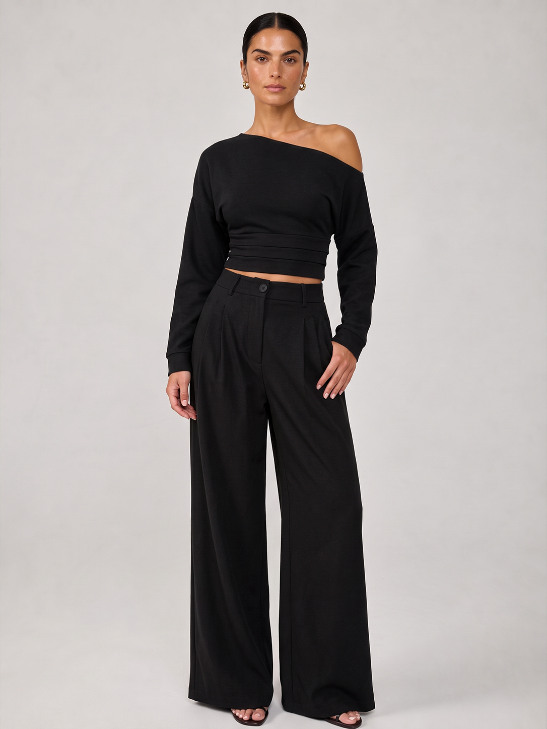 Chic Off-Shoulder Crop Top and Tailored Pants Ensemble
