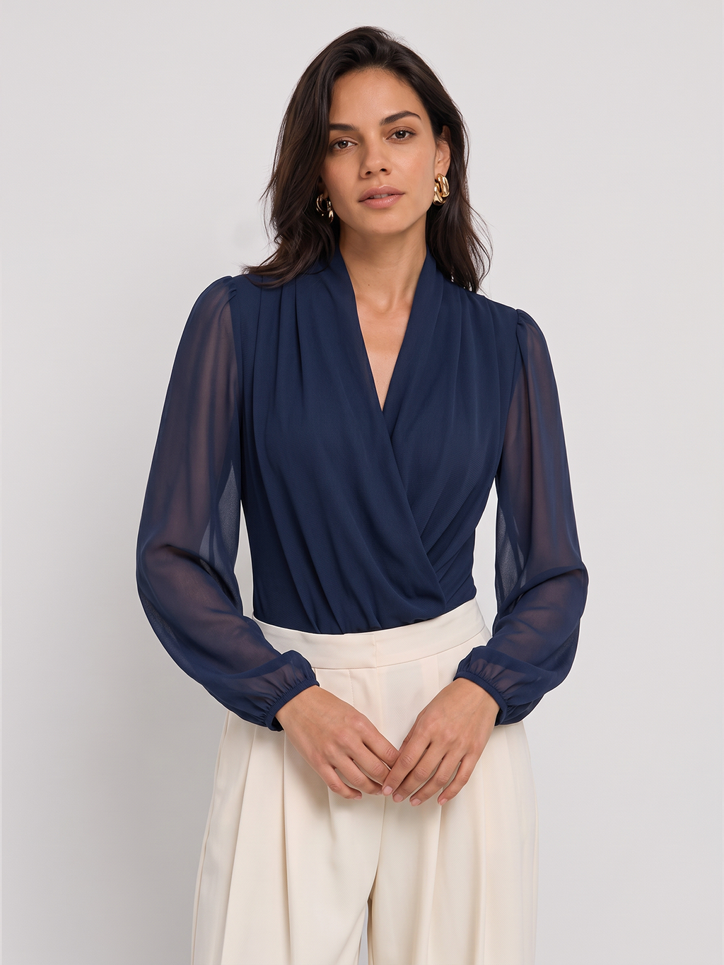 Sheer Sleeve Wrap V-Neck Bodysuit