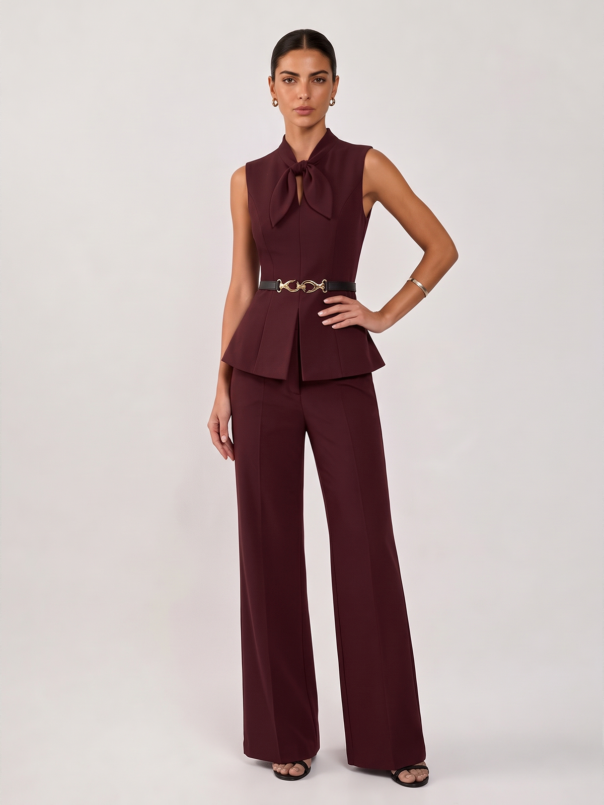 Chic Bow-Detail Sleeveless Top with Flowing Wide Leg Pants