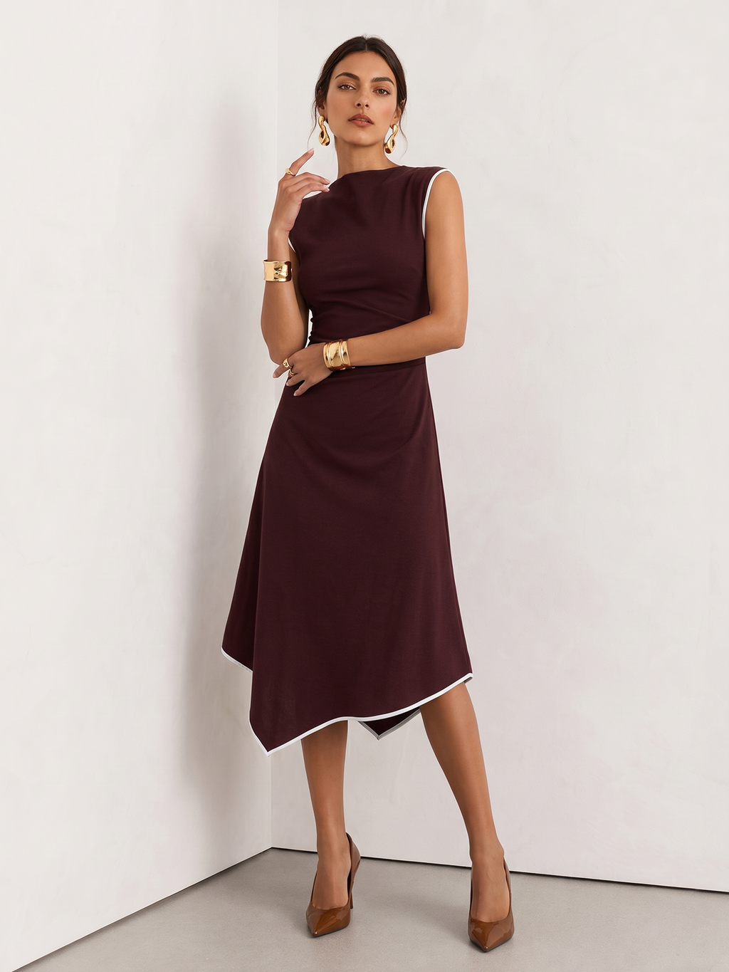 Asymmetrical Hem Sleeveless Dress with Contrast Trim