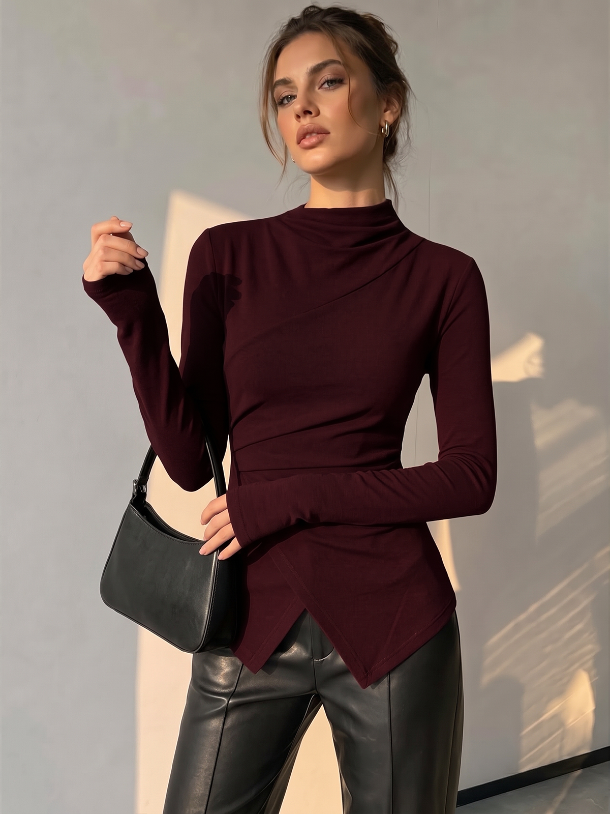 Draped Asymmetric Long Sleeve Top with Ruched Detail
