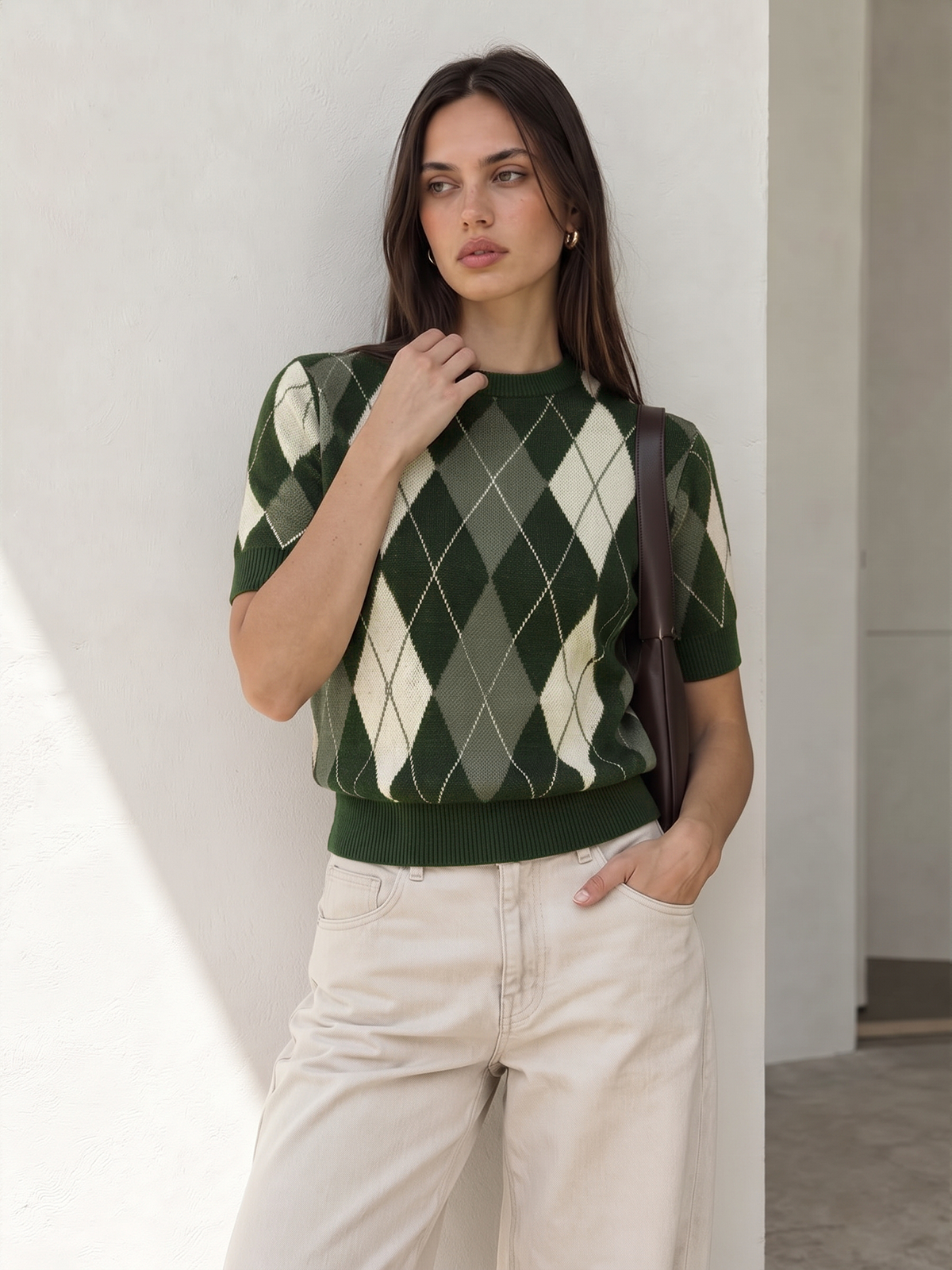 Chic Color-Block Argyle Knit Sweater with Short Sleeves