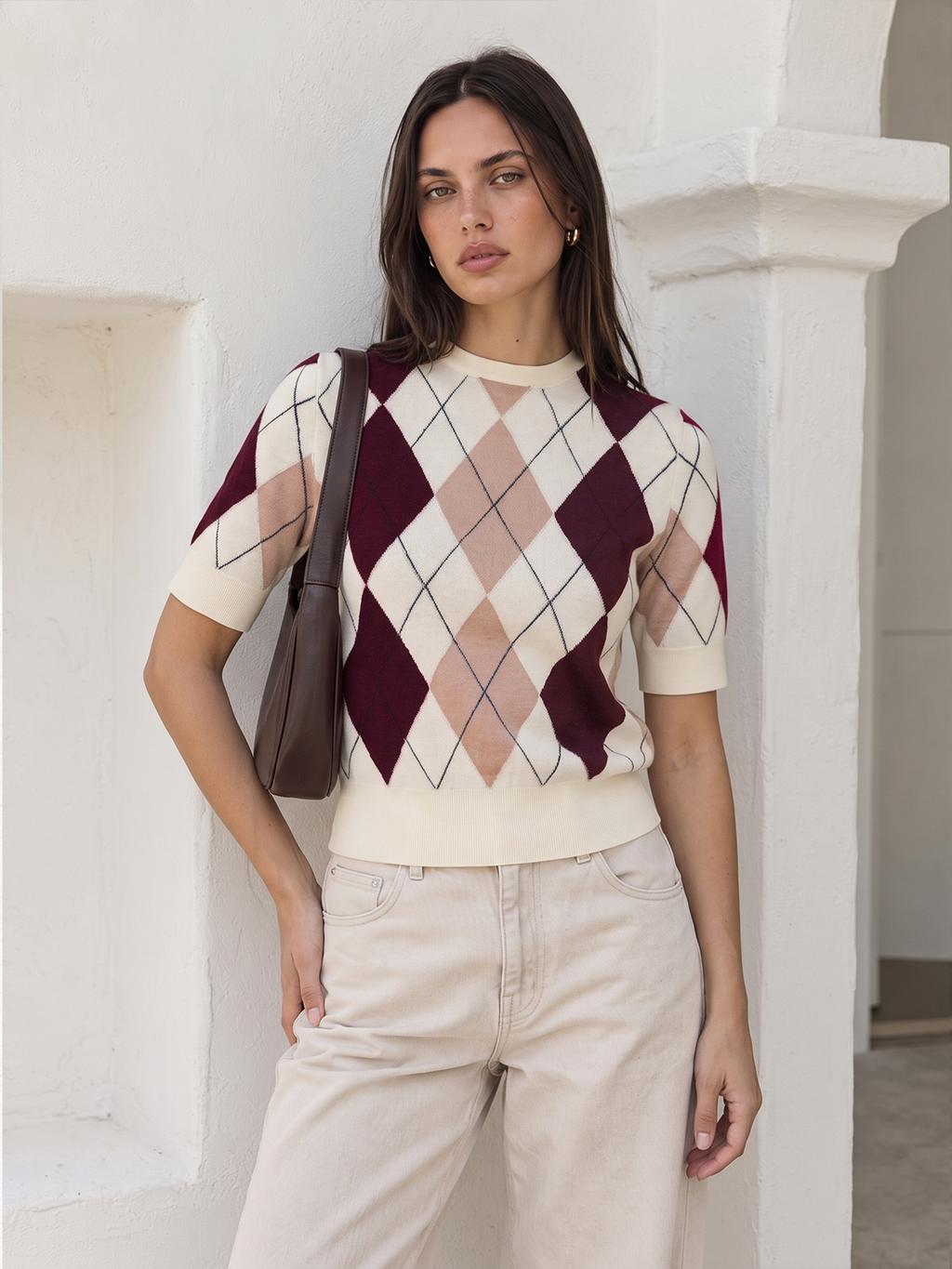 Chic Color-Block Argyle Knit Sweater with Short Sleeves